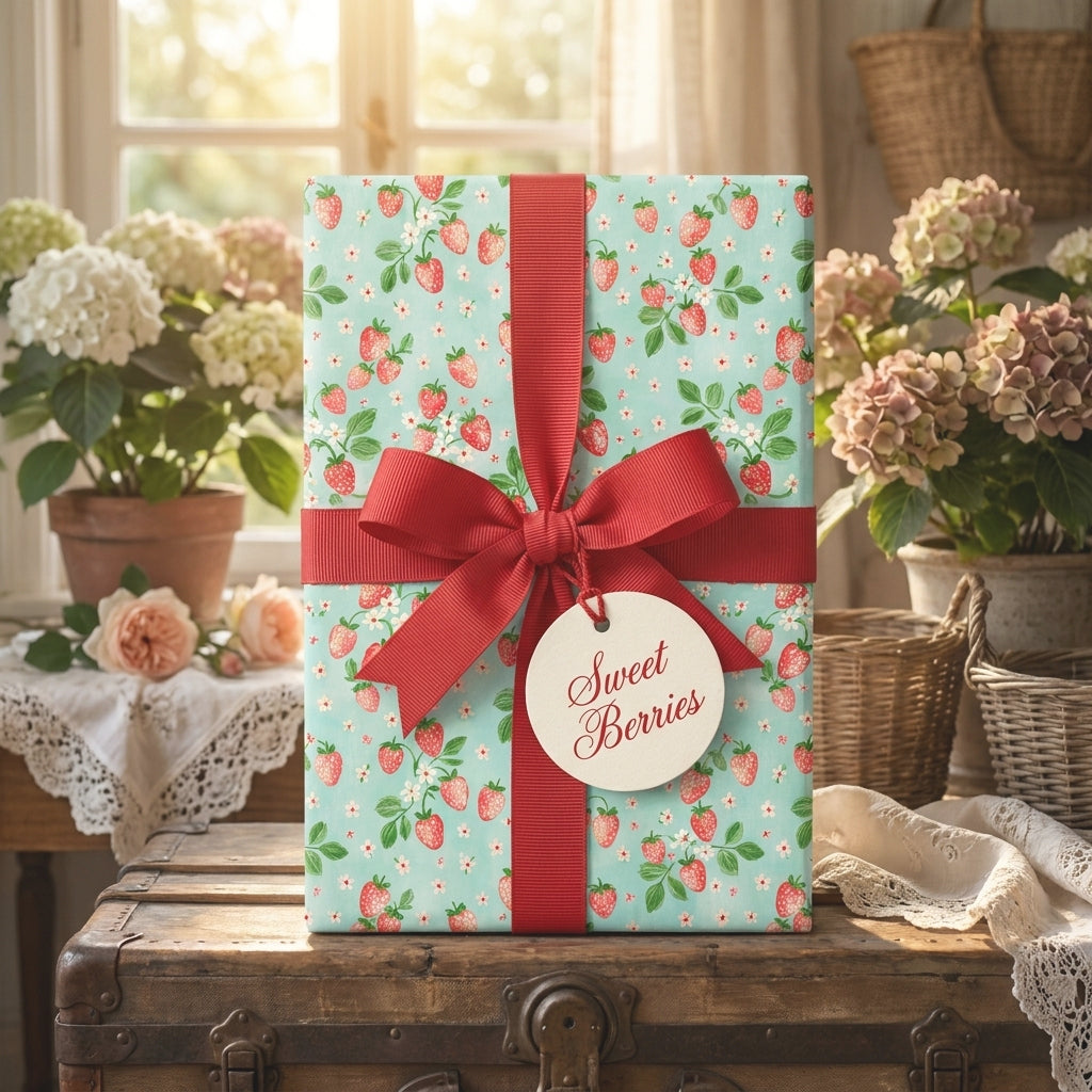 Vintage strawberry wrapping paper with a red ribbon on a rustic gift box by Wrapped Studios.