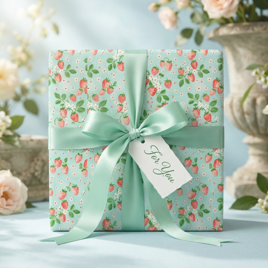 Cute strawberry wrapping paper with mint green ribbon and gift tag by Wrapped Studios.
