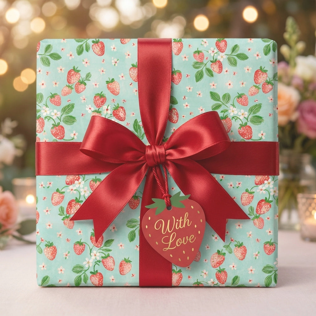 Strawberry wrapping paper with a red satin bow and "With Love" gift tag by Wrapped Studios.