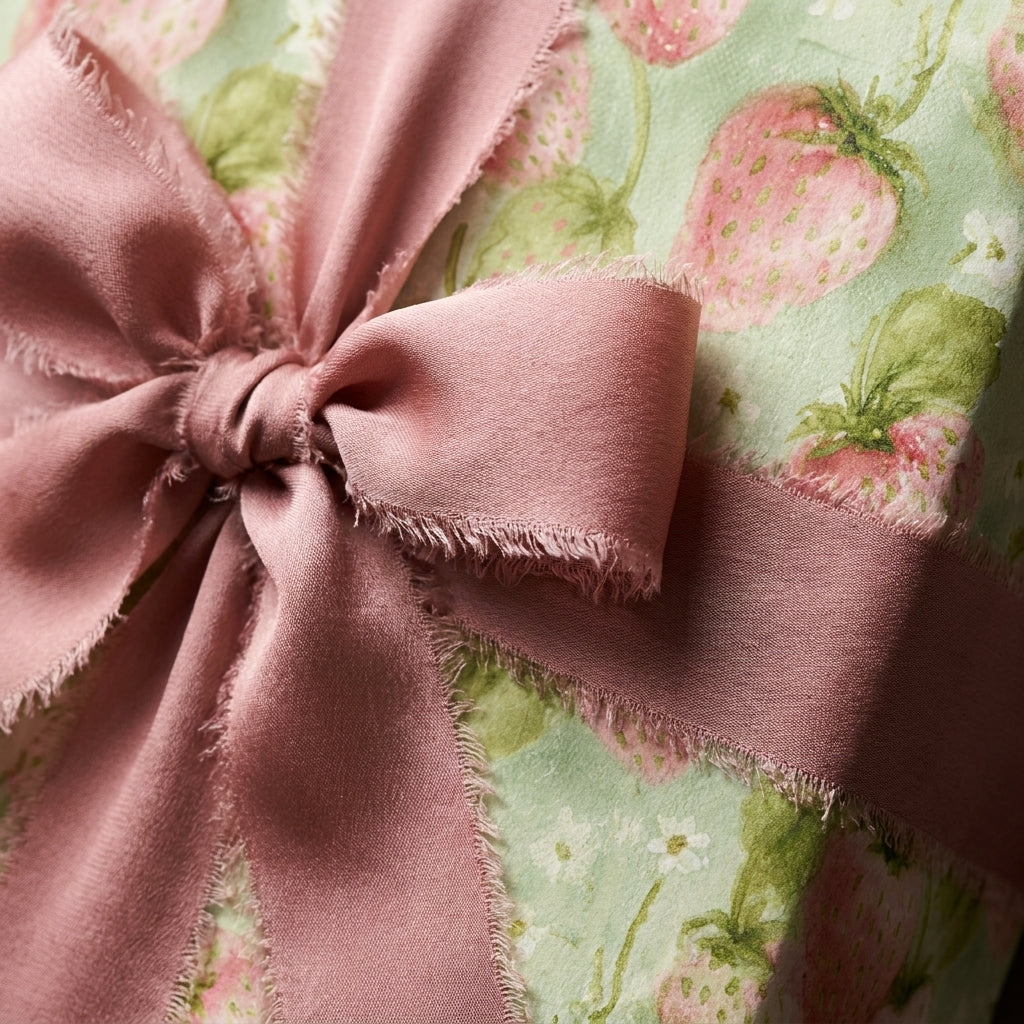 Vintage strawberry gift wrap with dusty pink frayed ribbon. Cottagecore wrapping paper by Wrapped Studios.