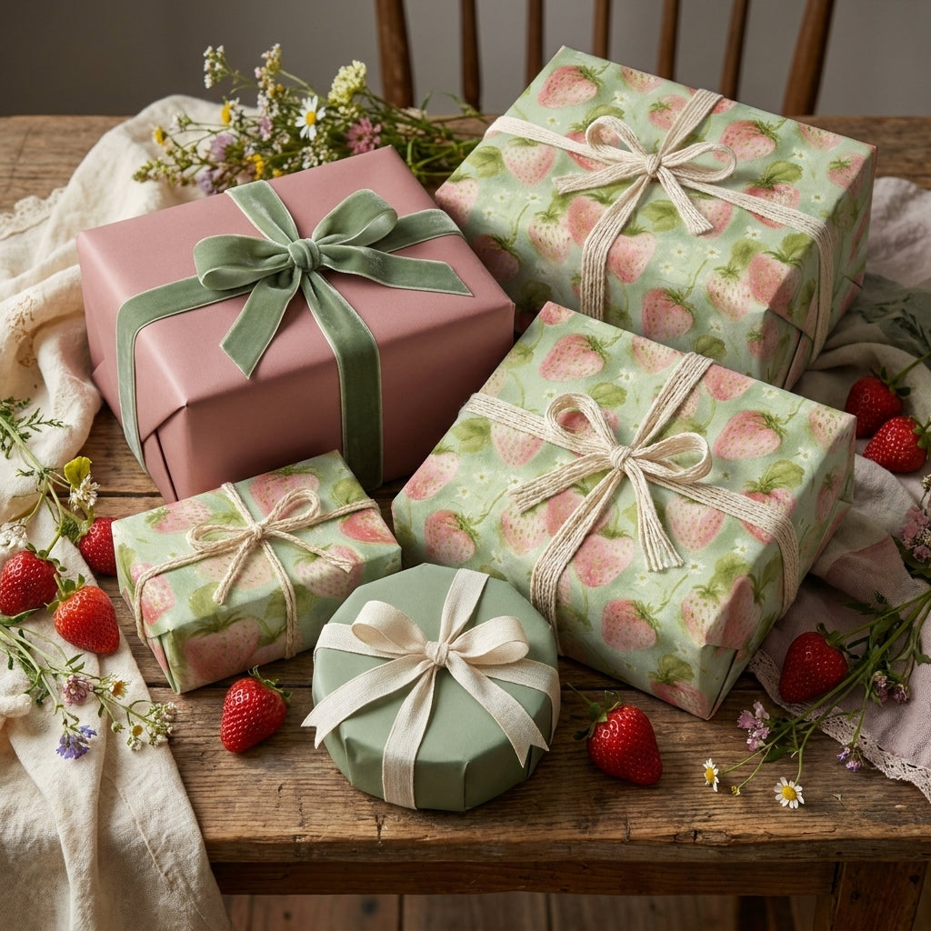 Cottagecore strawberry wrapping paper and pink gift boxes on a rustic table by Wrapped Studios.