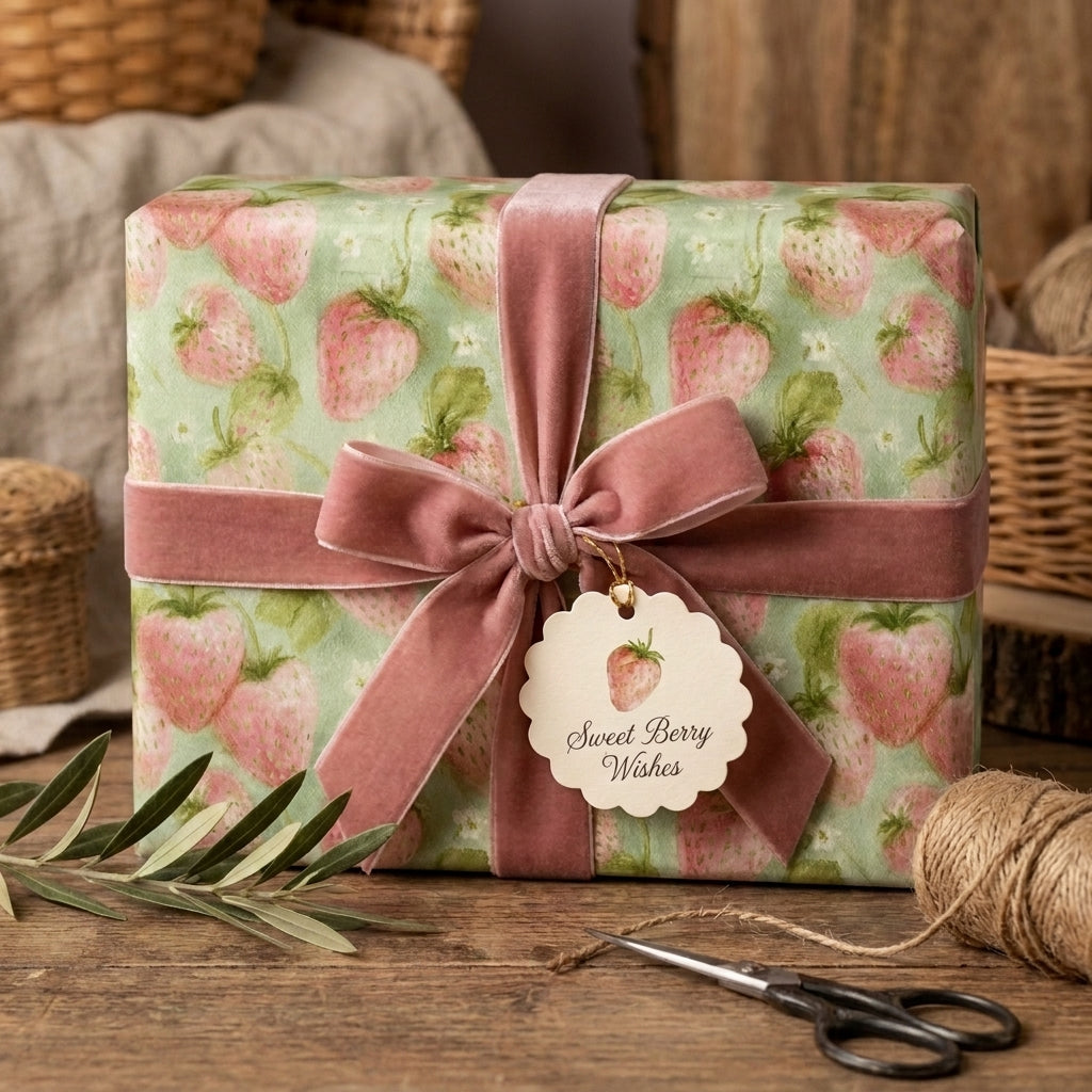 Strawberry wrapping paper with a dusty rose velvet bow on a rustic gift box by Wrapped Studios.