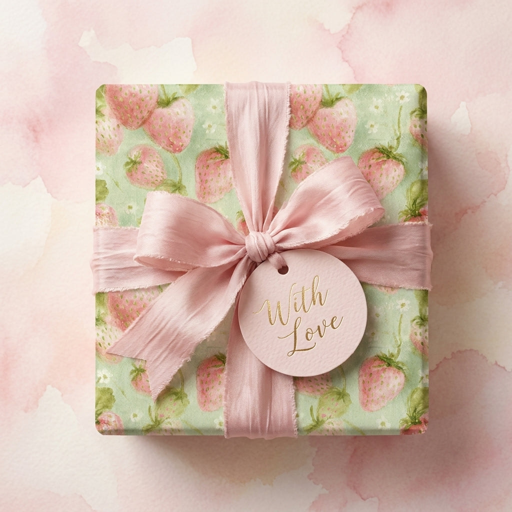 Watercolor strawberry wrapping paper by Wrapped Studios on a gift box with a pink silk bow.