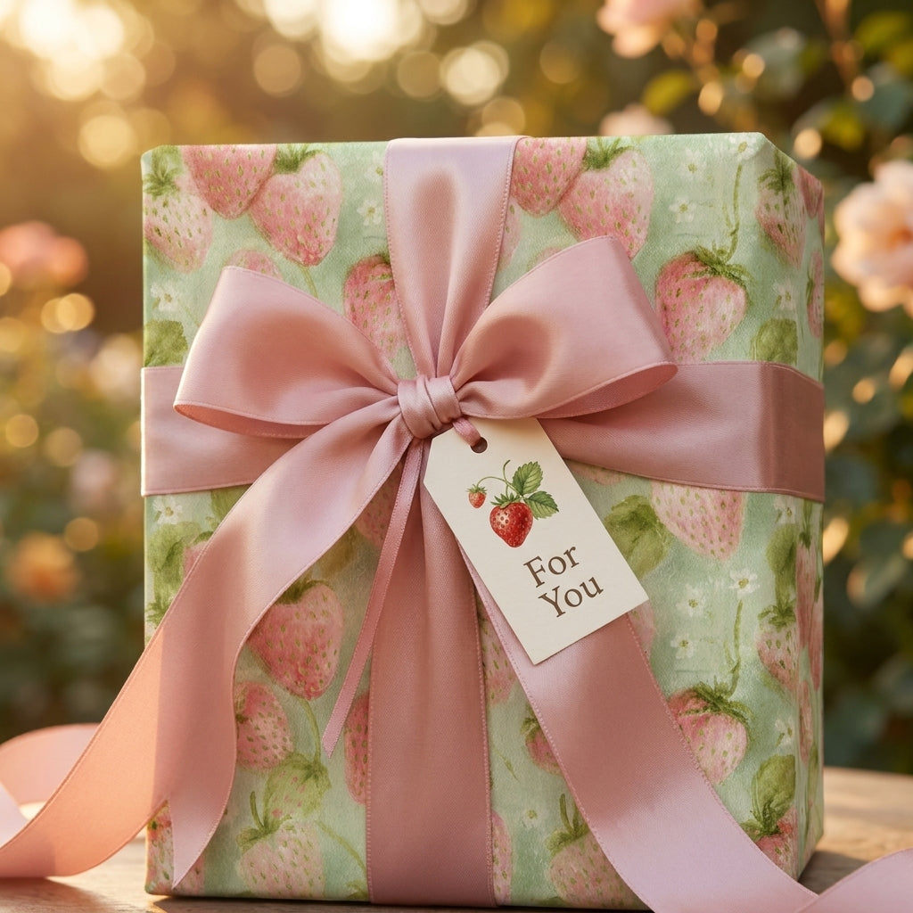 Strawberry wrapping paper with a pink satin ribbon bow and gift tag by Wrapped Studios.