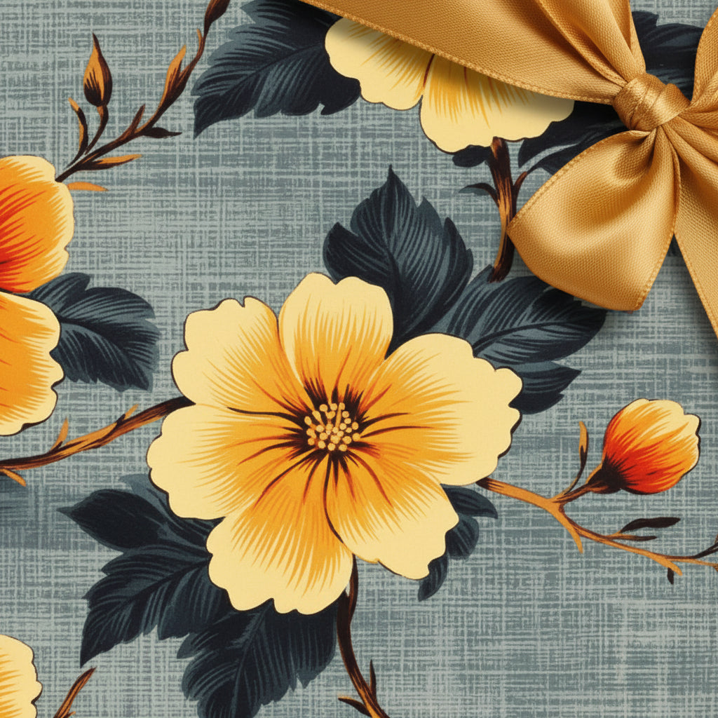 Elegant floral wrapping paper with a gold satin bow.