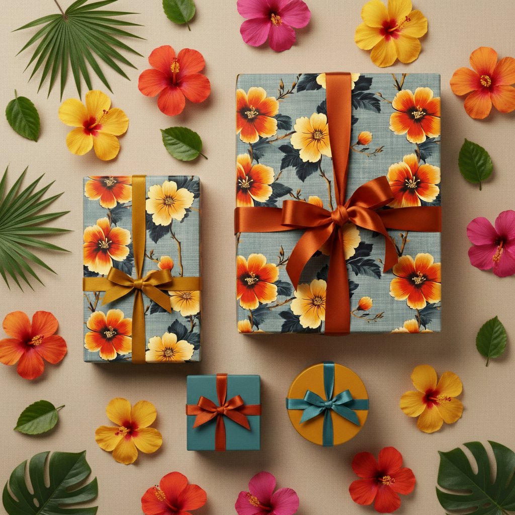 Floral wrapping paper featuring hibiscus flowers and satin ribbons for luxury birthday gifts.