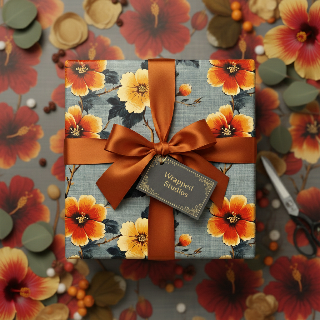 Square gift wrapped in elegant floral wrapping paper with a satin ribbon and bow.