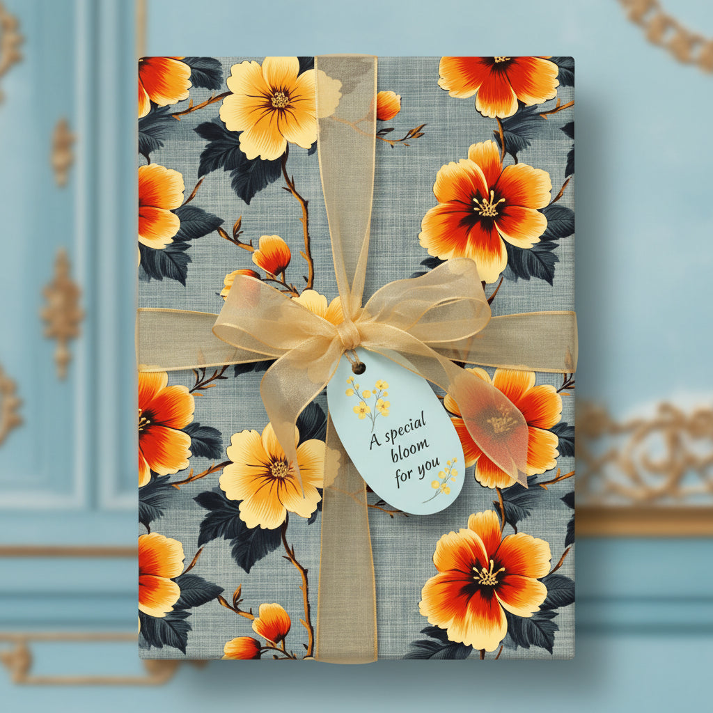 Elegant gift with floral wrapping paper, gold ribbon, and tag reading "A special bloom for you".