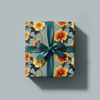 Square gift wrapped in vintage floral wrapping paper with an teal satin ribbon and bow.
