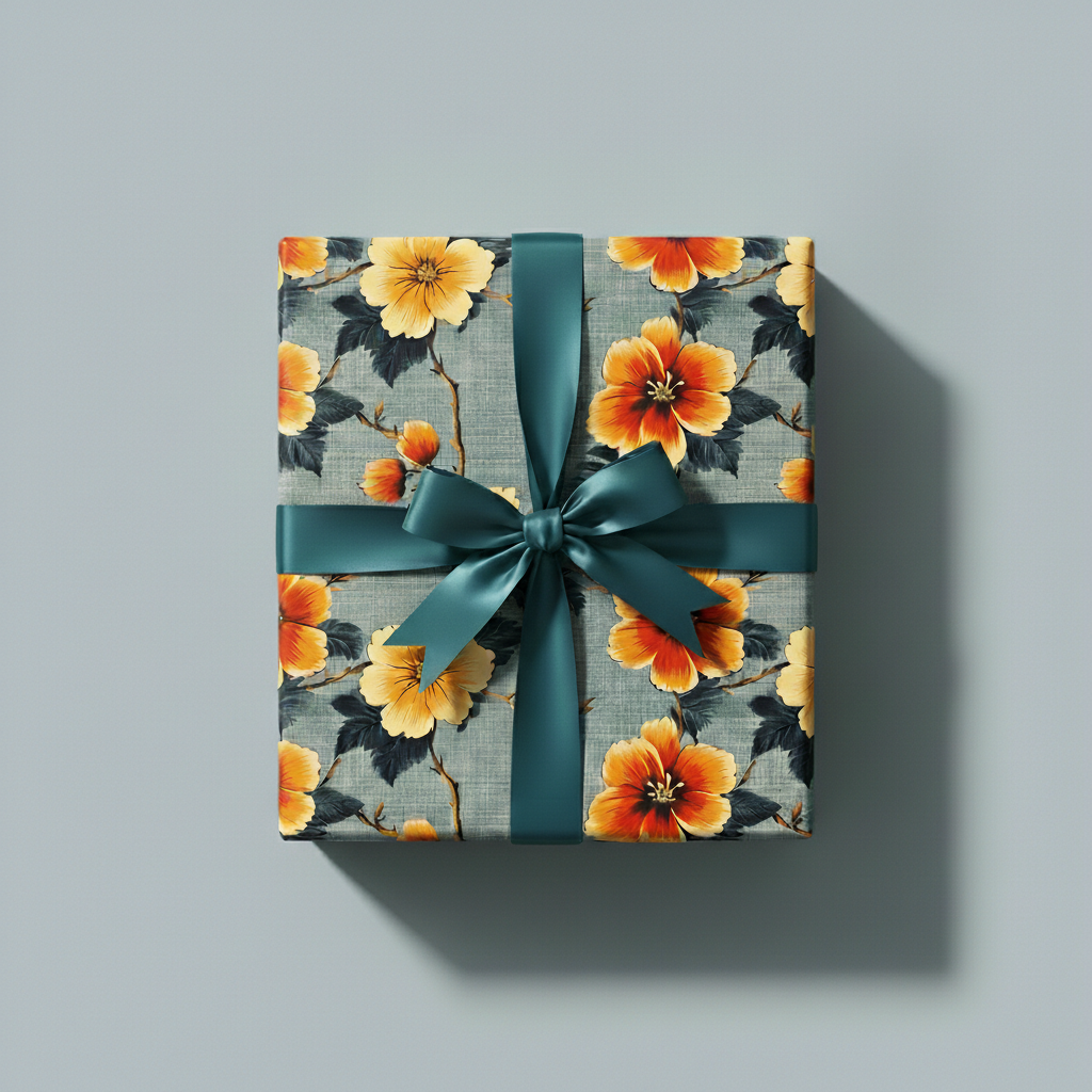Square gift wrapped in vintage floral wrapping paper with an teal satin ribbon and bow.