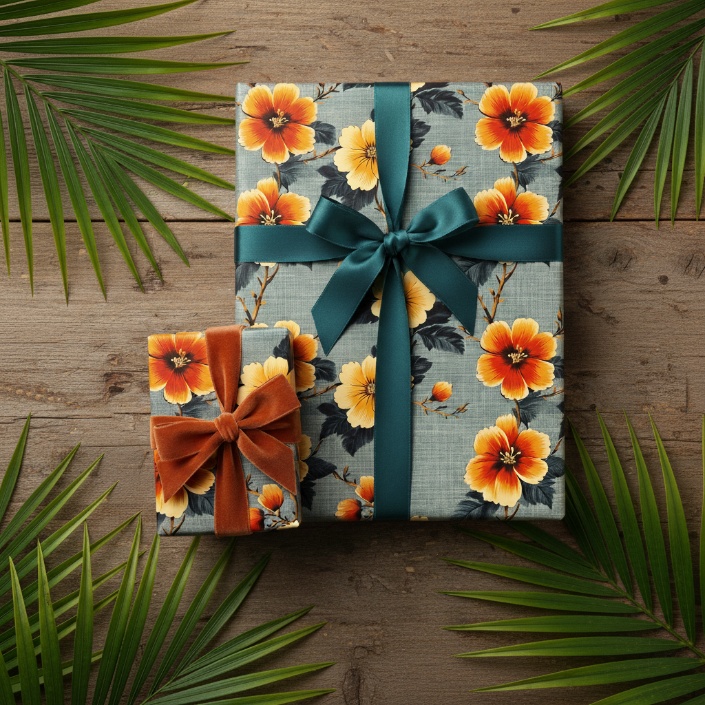 Floral wrapping paper with orange hibiscus flowers, teal ribbon, and velvet bow for birthday or tropical-themed gifts.