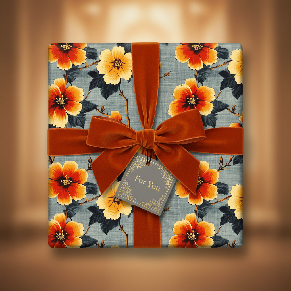 Square gift wrapped in elegant floral wrapping paper with a rust-colored velvet ribbon.