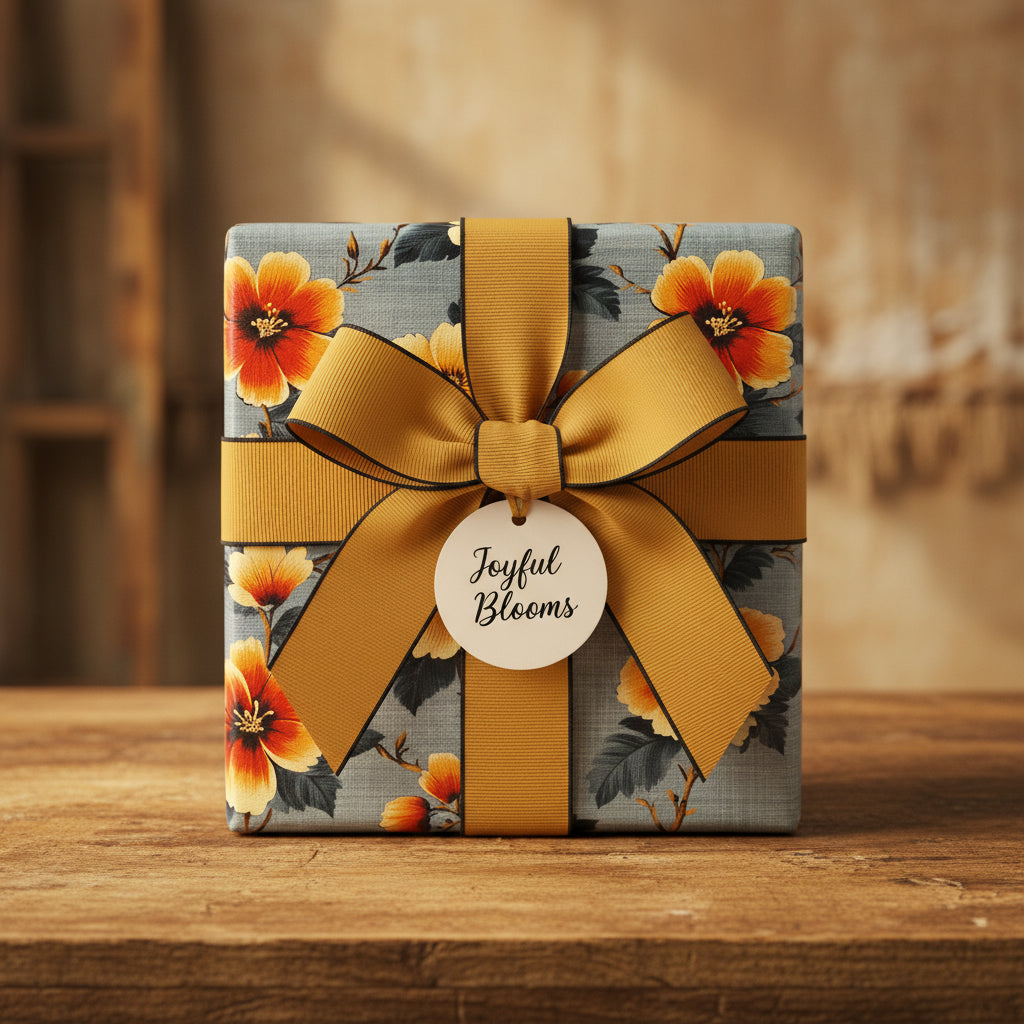 Elegant gift wrapped in floral wrapping paper with gold ribbon and "Joyful Blooms" tag.