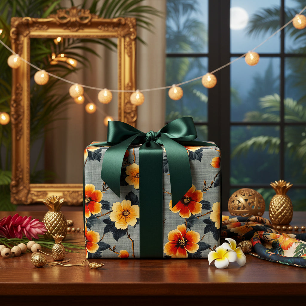 Elegant floral wrapping paper with green satin ribbon, tropical gift wrap for birthday or special occasion.