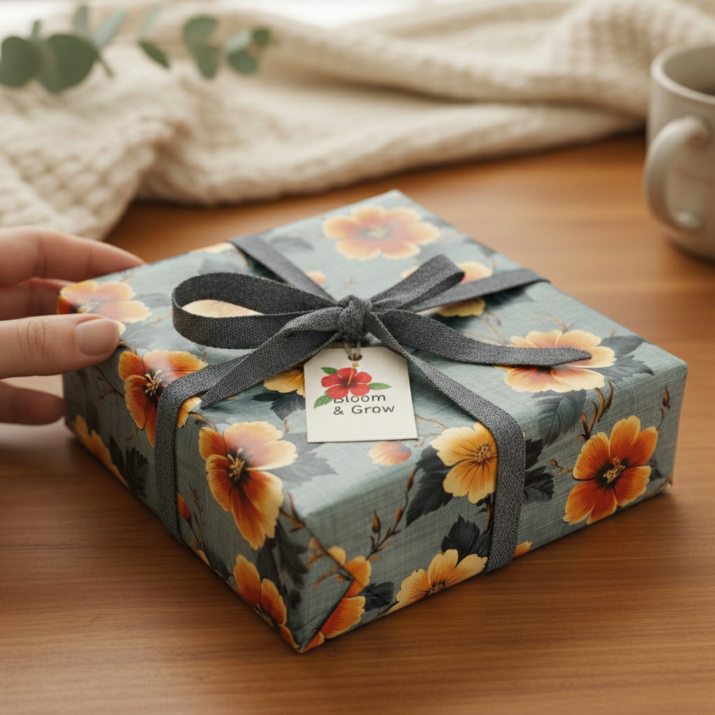 Square gift box wrapped in blue floral wrapping paper with gray ribbon and tag.