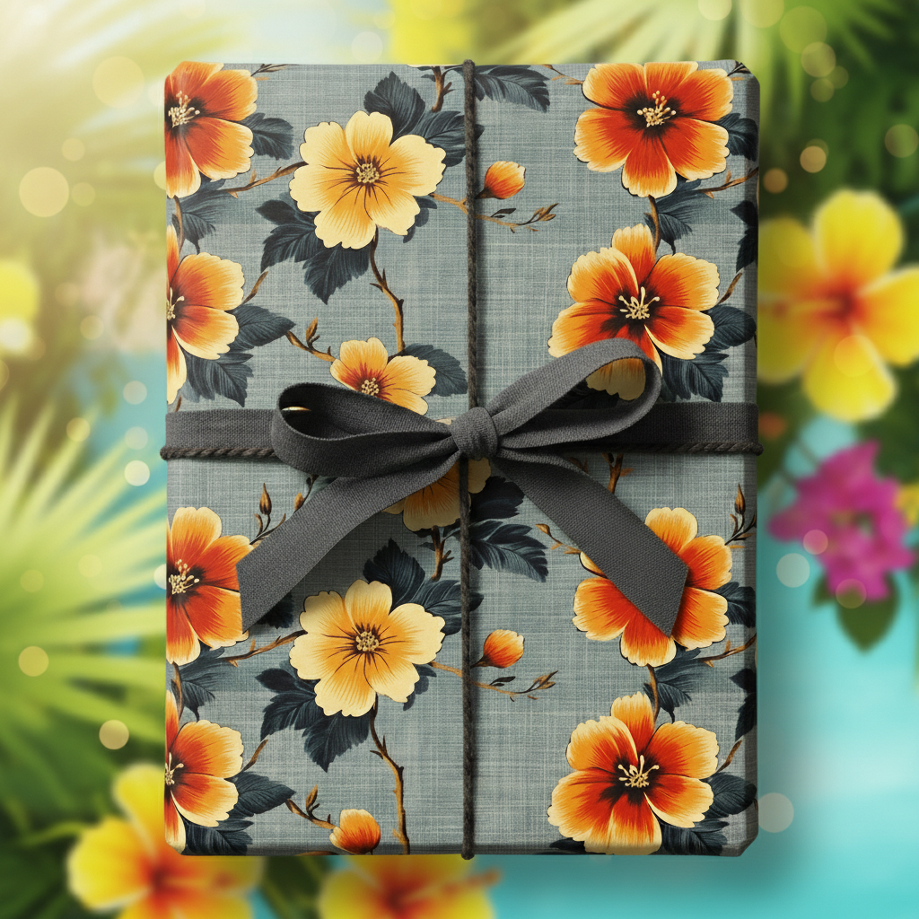 Gift box wrapped in floral wrapping paper with a gray ribbon bow.