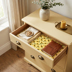 Yellow sunflower wrapping paper used as a drawer liner in a vintage dresser. Wrapped Studios.