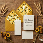 Rustic sunflower wedding invitation suite with yellow gingham envelope liners by Wrapped Studios.