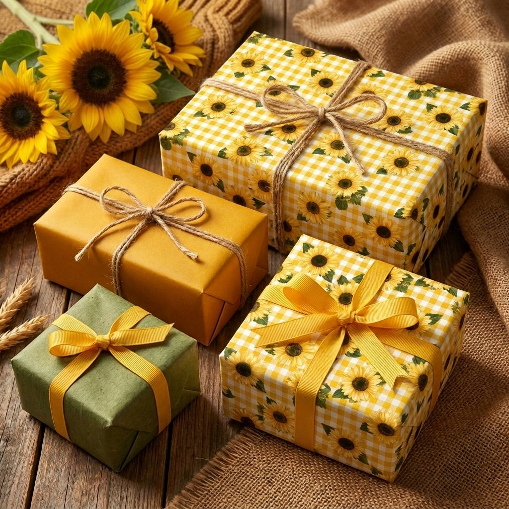 Sunflower wrapping paper and rustic floral gift wrap by Wrapped Studios on autumn holiday present boxes.