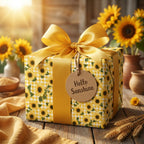 Yellow sunflower wrapping paper with a satin bow and "Hello Sunshine" tag by Wrapped Studios.