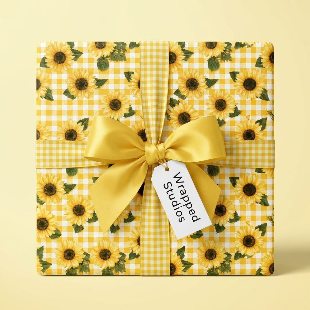 Sunflower wrapping paper with yellow gingham, a satin bow, and a Wrapped Studios gift tag.