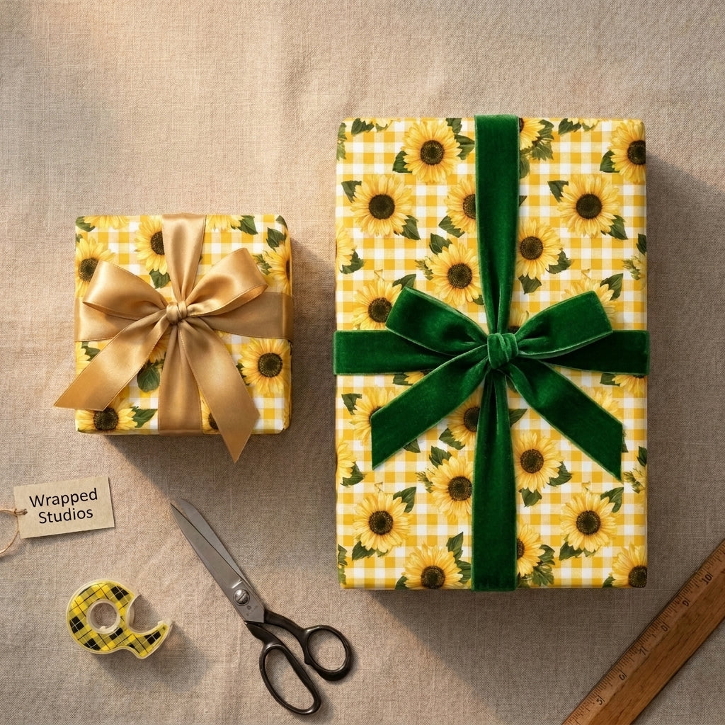 Sunflower wrapping paper with yellow gingham pattern, green velvet ribbon, and gold bow by Wrapped Studios.
