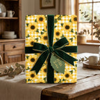 Rustic sunflower gingham wrapping paper with a green velvet bow by Wrapped Studios.