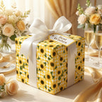 Sunflower wrapping paper with yellow gingham, white bow, and Best Wishes tag by Wrapped Studios.
