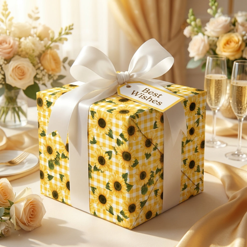 Sunflower wrapping paper with yellow gingham, white bow, and Best Wishes tag by Wrapped Studios.
