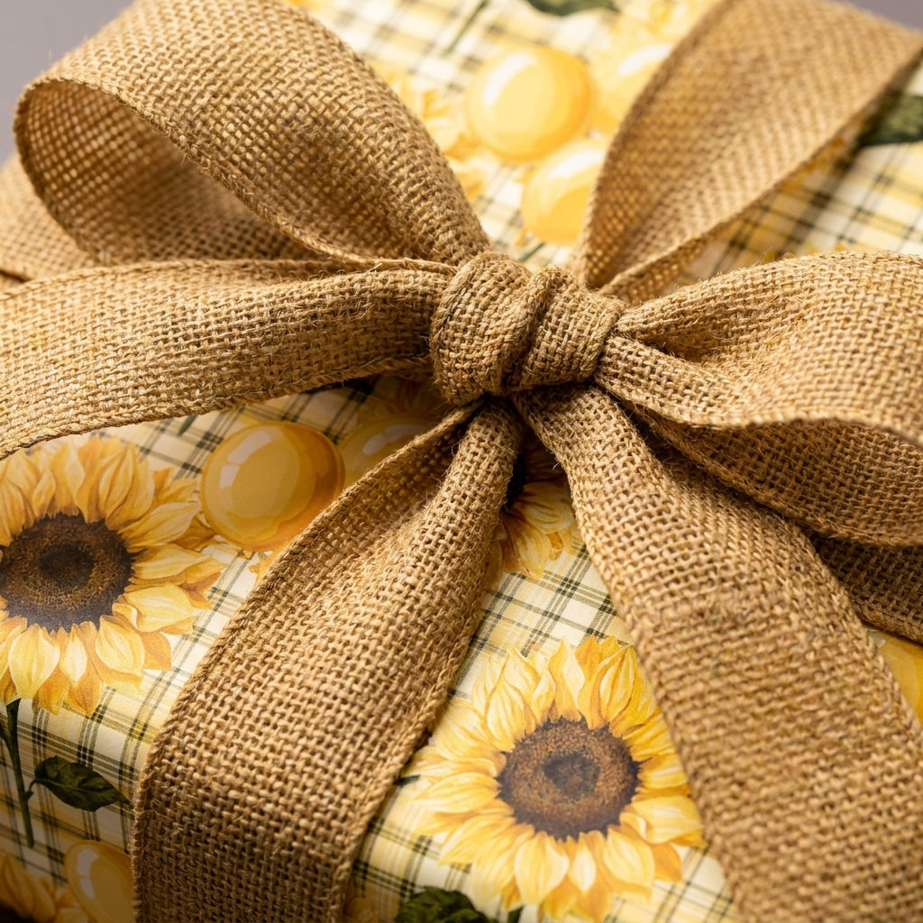 Sunflower wrapping paper with a plaid pattern and rustic burlap bow by Wrapped Studios.