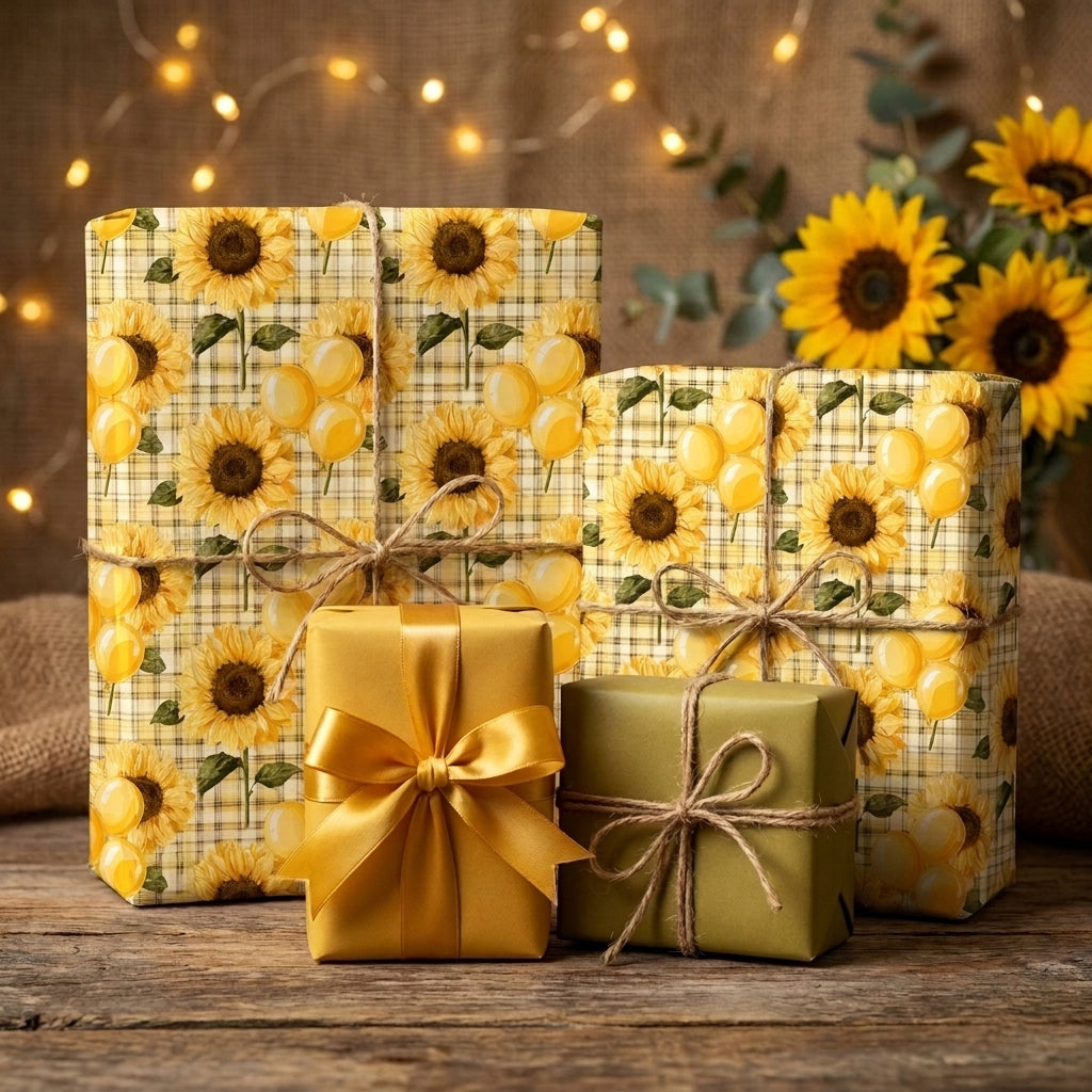 Sunflower wrapping paper and rustic gift wrap on birthday presents by Wrapped Studios.