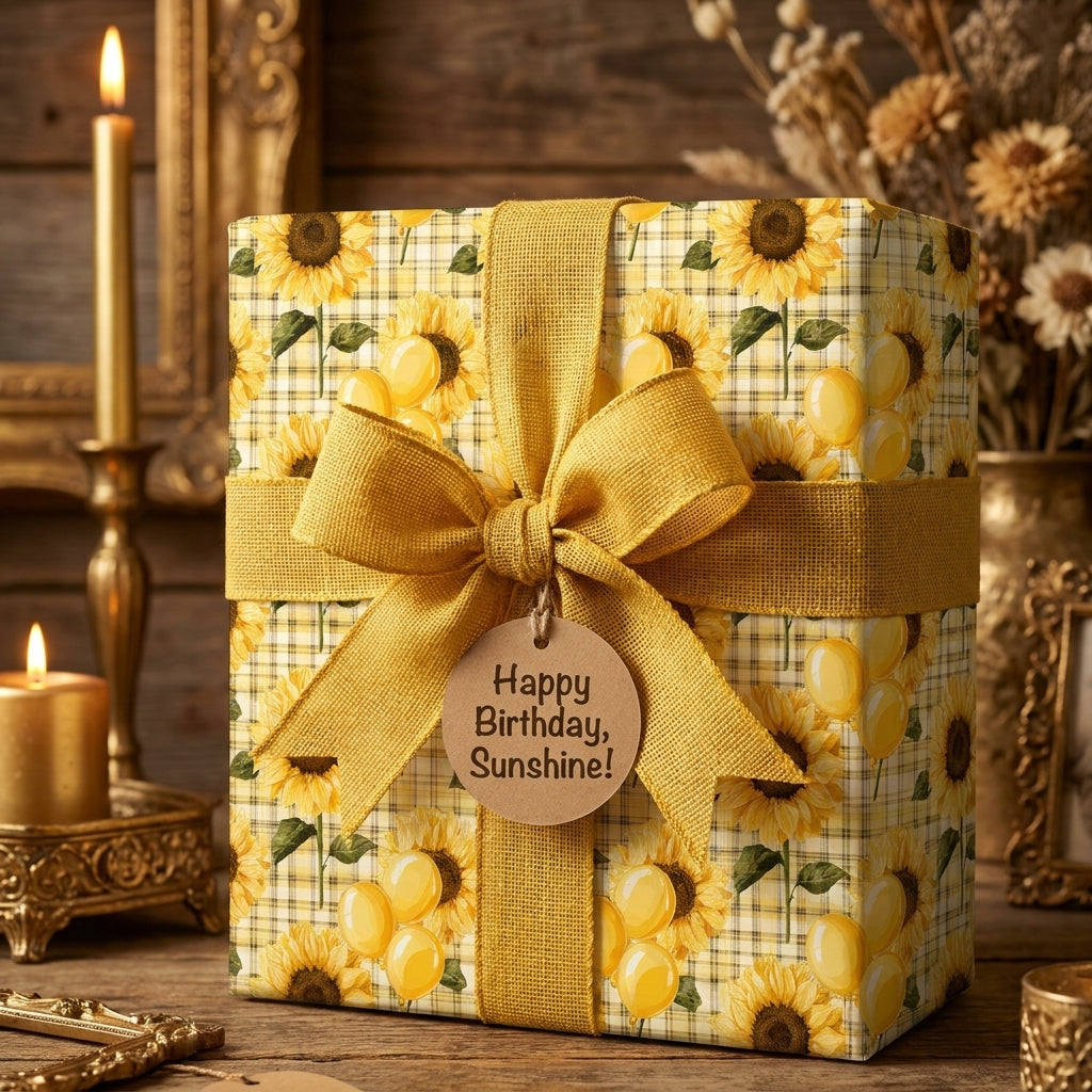 Yellow sunflower wrapping paper with a burlap bow on a rustic birthday gift box from Wrapped Studios.