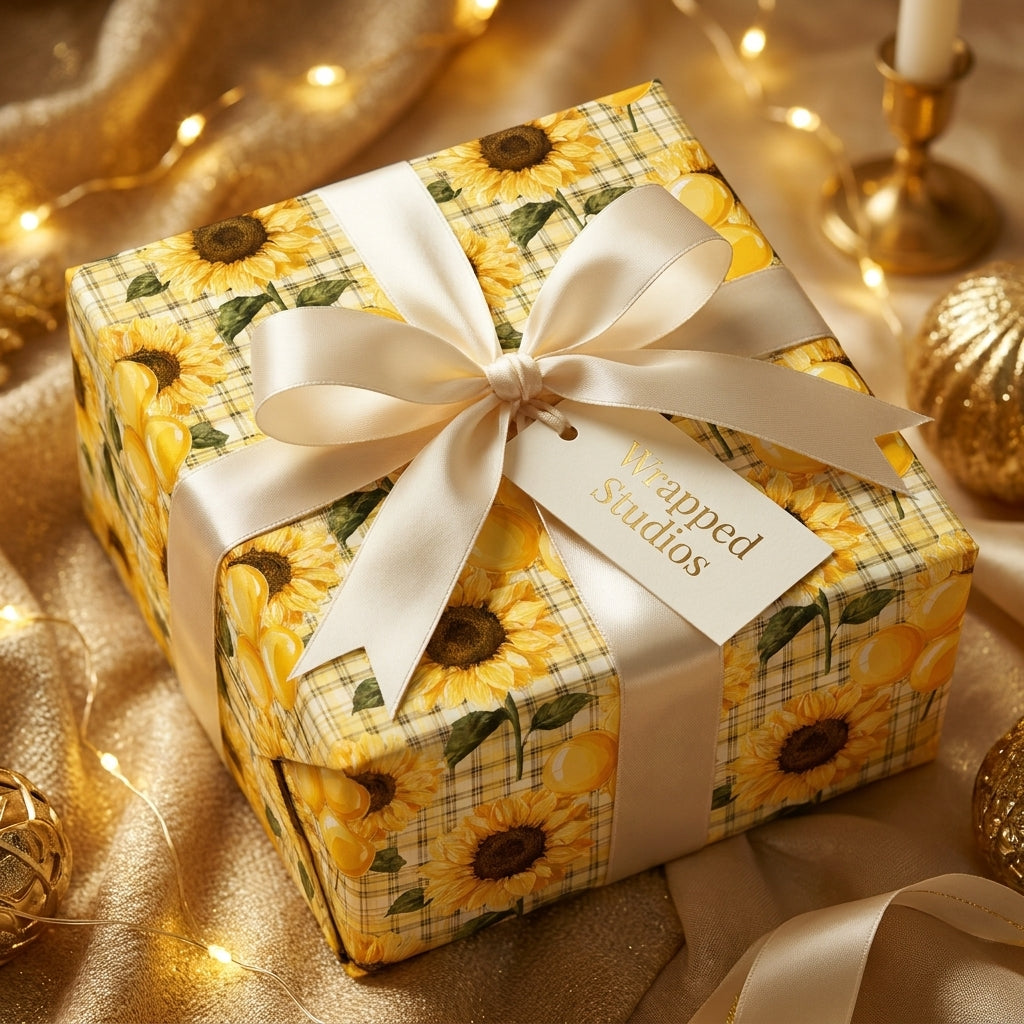 Sunflower wrapping paper by Wrapped Studios with a cream satin bow and festive gold decorations.