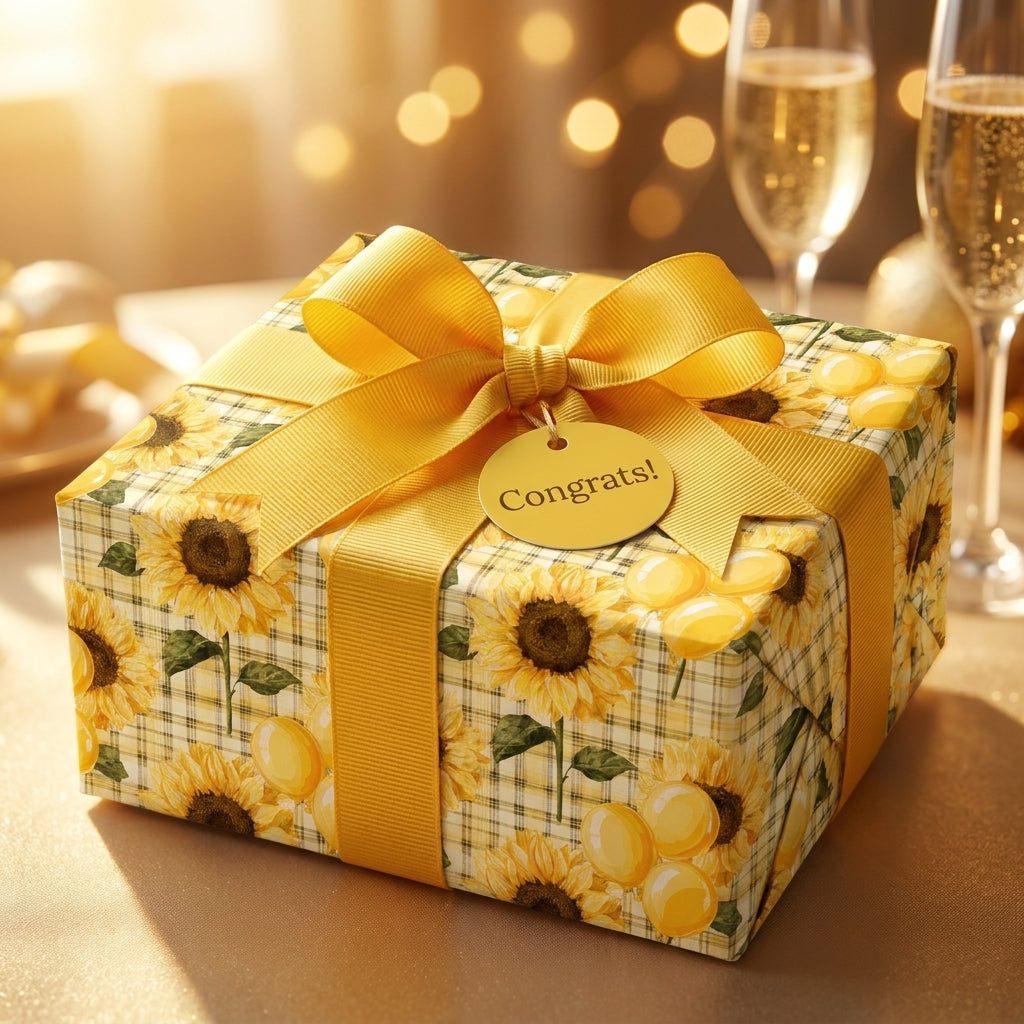 Sunflower wrapping paper with yellow ribbon and Congrats tag, floral gift wrap by Wrapped Studios.