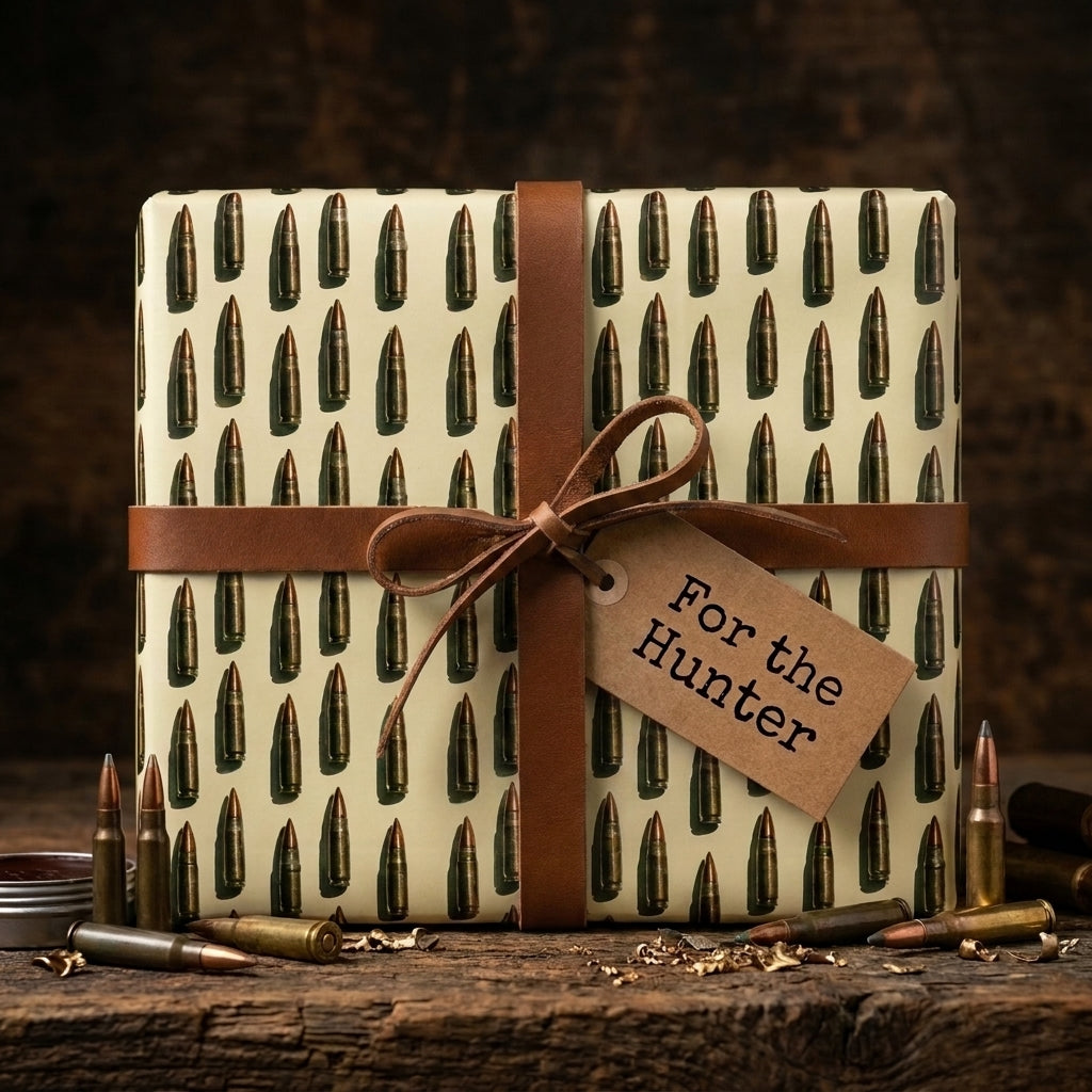 Ammunition wrapping paper with bullet pattern and leather strap, rustic hunter gift wrap by Wrapped Studios.
