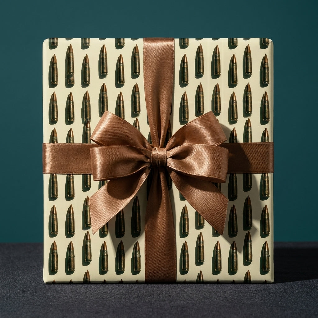 Bullet wrapping paper with bronze satin bow on gift box, unique military gift wrap by Wrapped Studios.