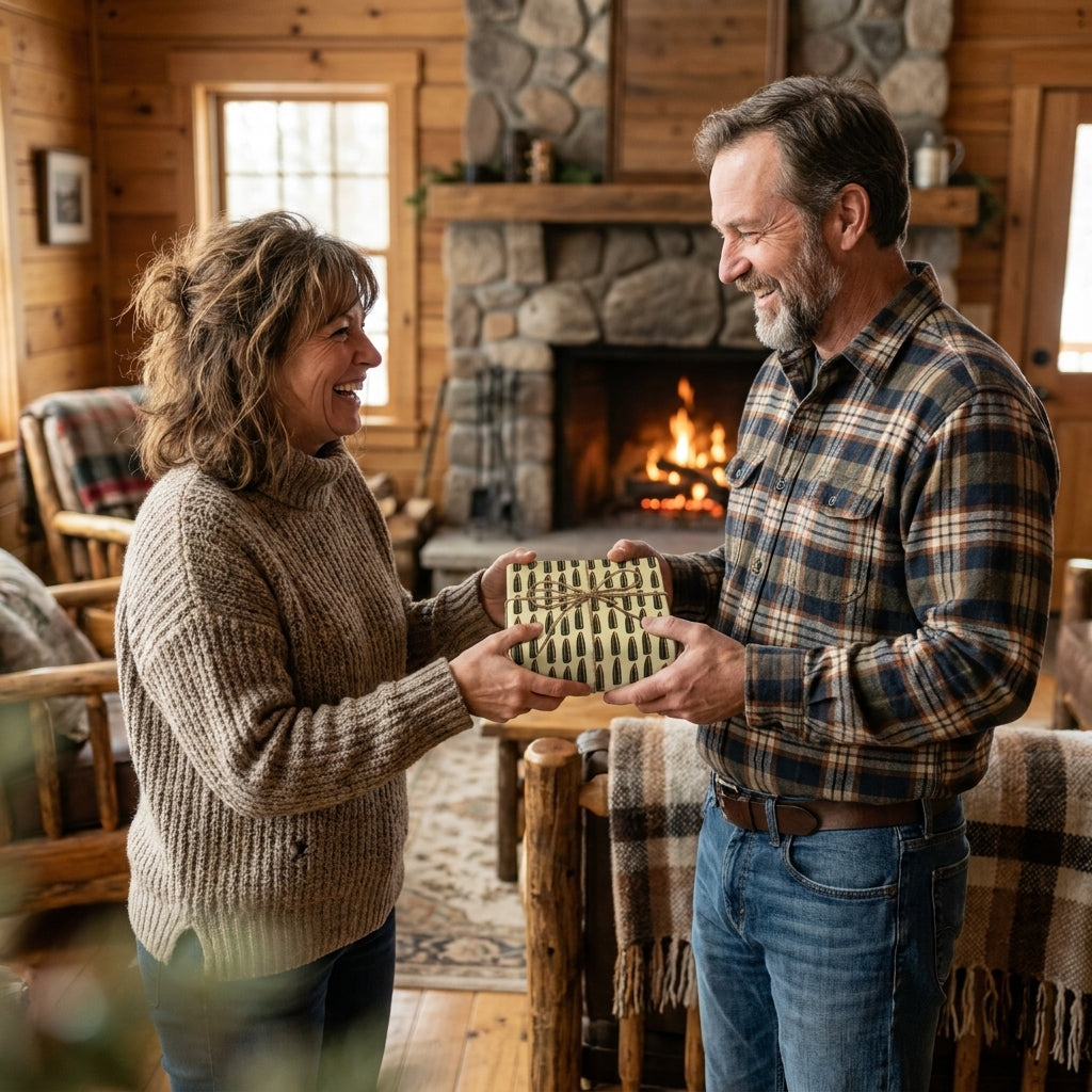 Couple exchanging gift wrapped in rustic holiday wrapping paper by Wrapped Studios in a cozy cabin.