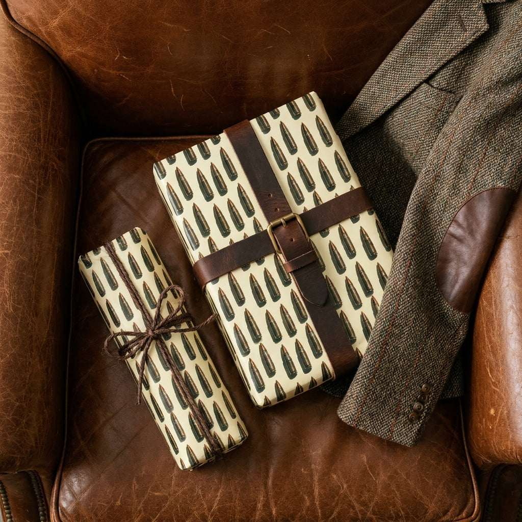 Masculine bullet wrapping paper on rustic gifts on a leather chair by Wrapped Studios.