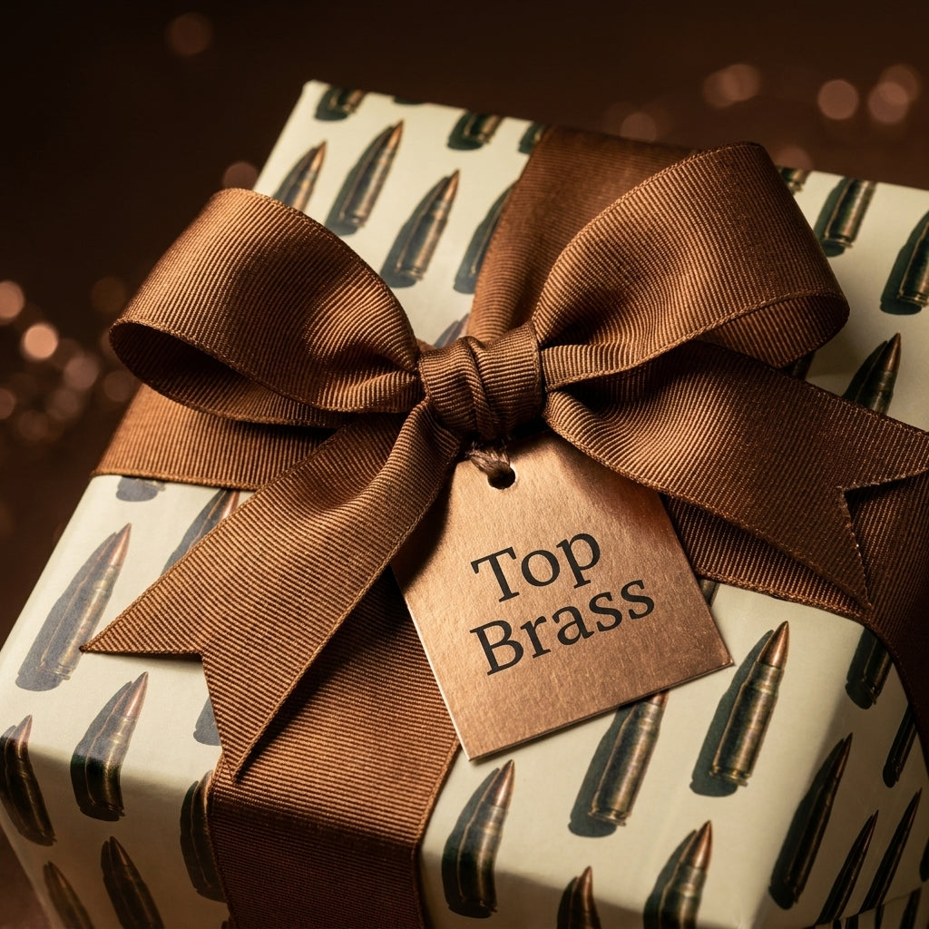Masculine bullet wrapping paper with a brown ribbon bow and Top Brass tag by Wrapped Studios.