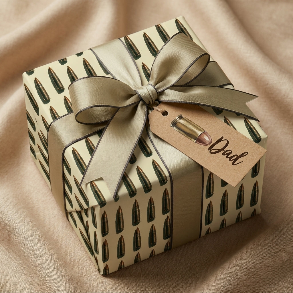 Bullet wrapping paper for Father's Day with gold ribbon and a Dad gift tag by Wrapped Studios.