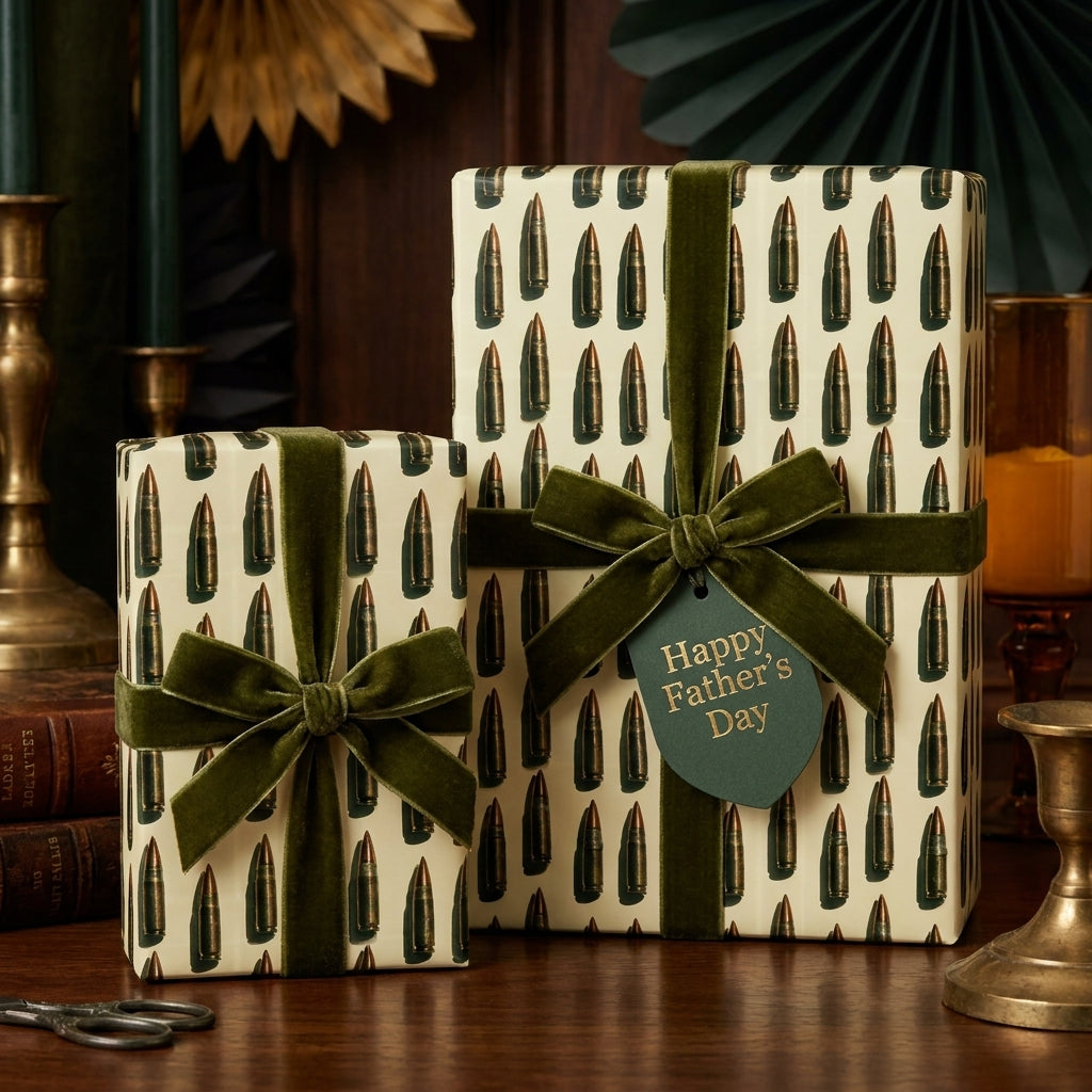 Father's Day bullet wrapping paper with olive green velvet ribbon by Wrapped Studios.