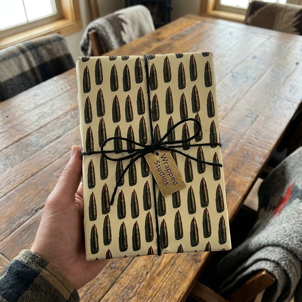 Rustic bullet wrapping paper tied with black twine on a gift, by Wrapped Studios.