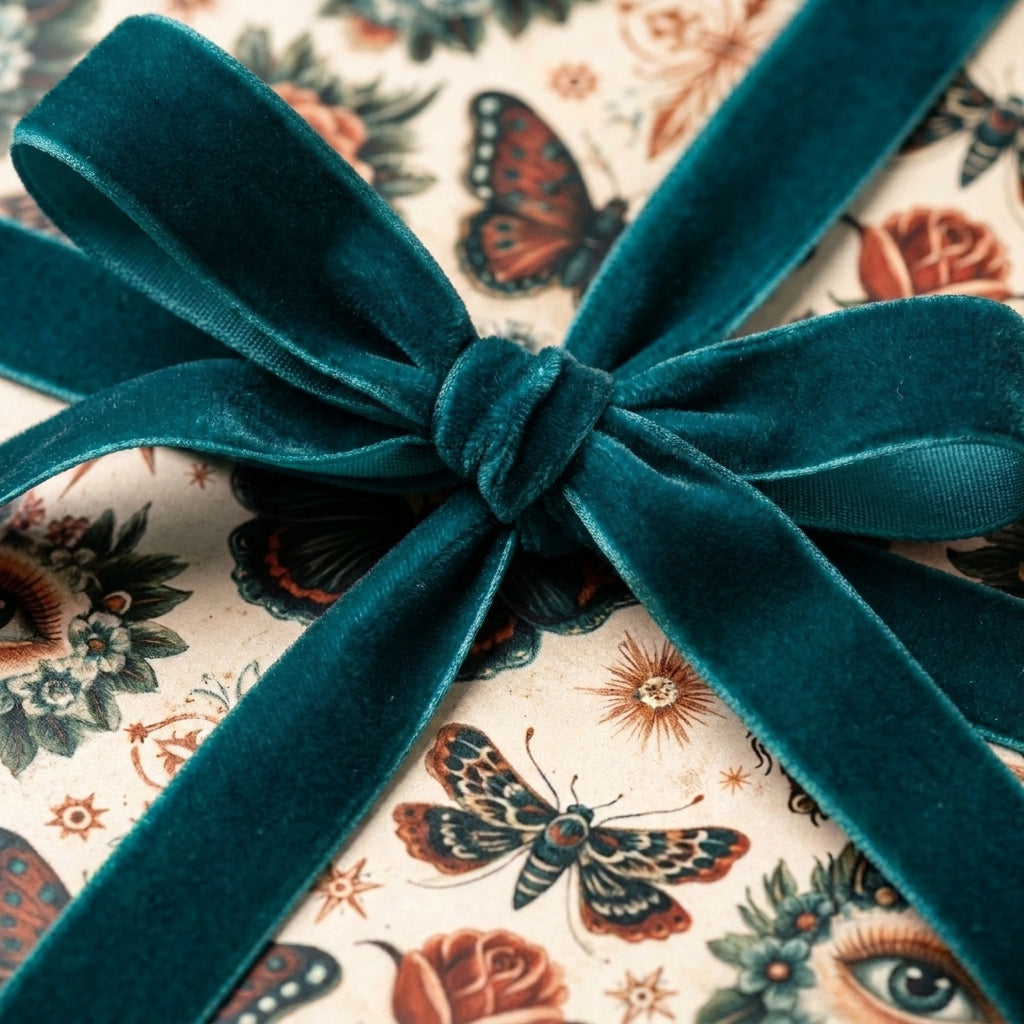 Vintage butterfly wrapping paper with a luxury teal velvet ribbon bow by Wrapped Studios.