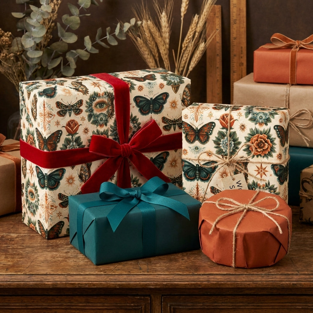 Vintage botanical wrapping paper with butterflies and red velvet ribbon by Wrapped Studios.