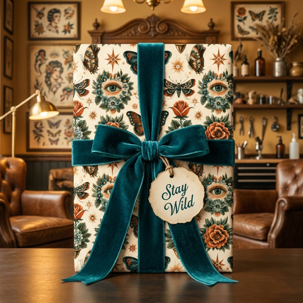 Vintage tattoo wrapping paper with mystic eyes and moths, tied with a teal velvet ribbon by Wrapped Studios.