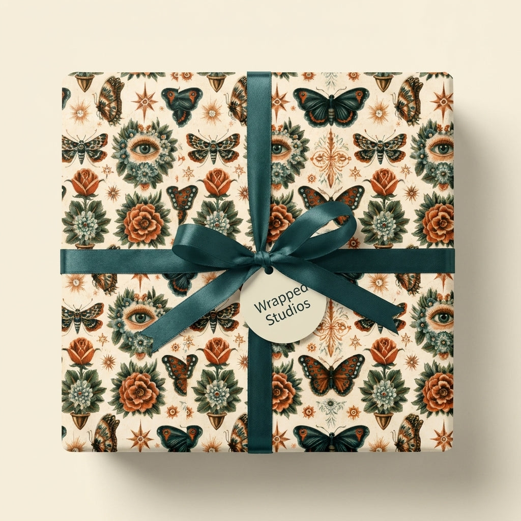 Mystical butterfly wrapping paper with vintage eye motifs and a teal satin ribbon by Wrapped Studios.