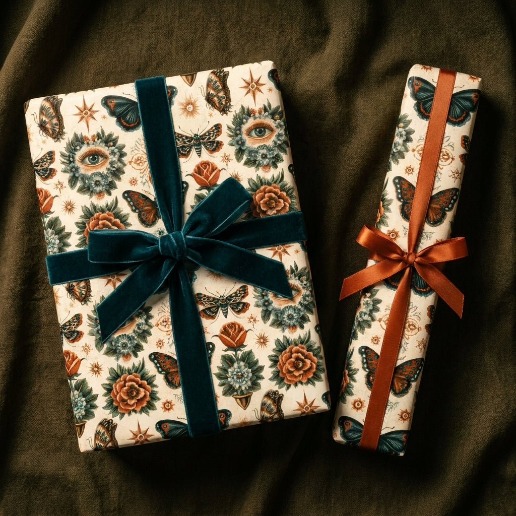 Mystical butterfly wrapping paper with luxury velvet ribbons on gifts by Wrapped Studios.