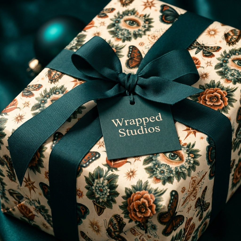 Luxury mystical wrapping paper with butterflies and eyes, tied with a teal ribbon by Wrapped Studios.