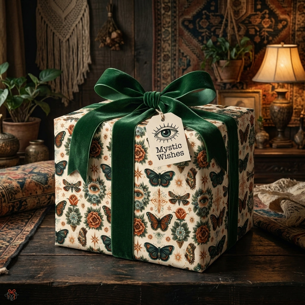 Gothic mystical wrapping paper with butterflies and a green velvet bow by Wrapped Studios.