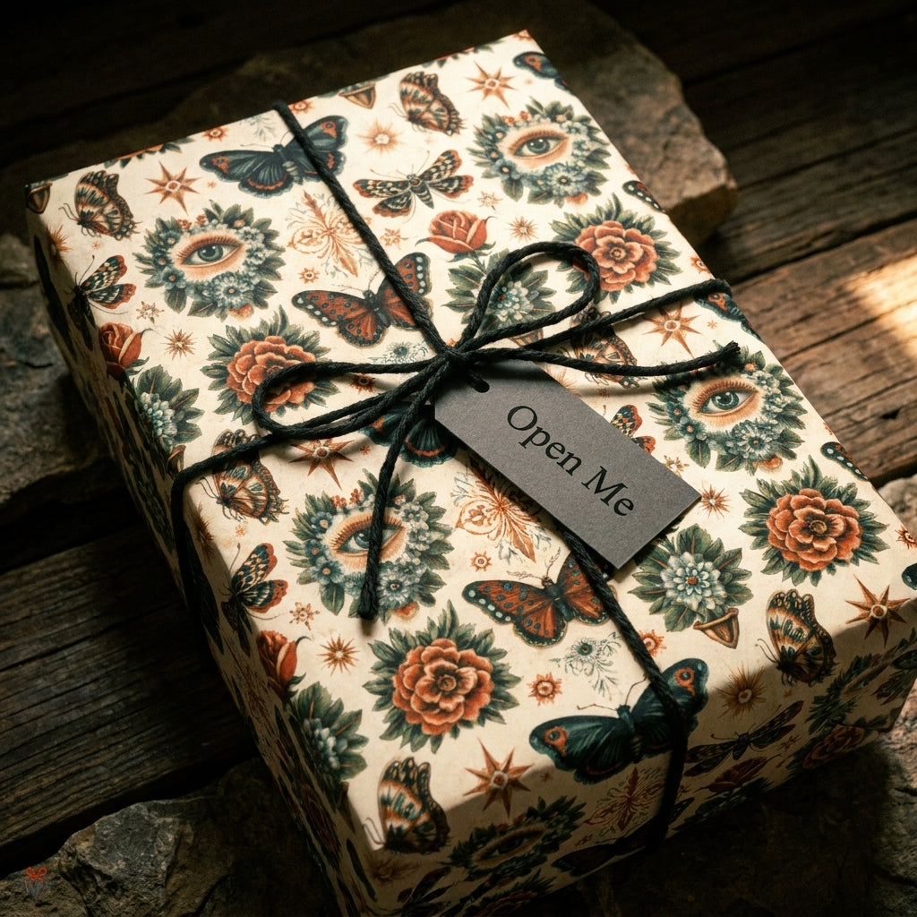 Vintage gothic wrapping paper with butterflies and eyes by Wrapped Studios, on a gift with an Open Me tag.